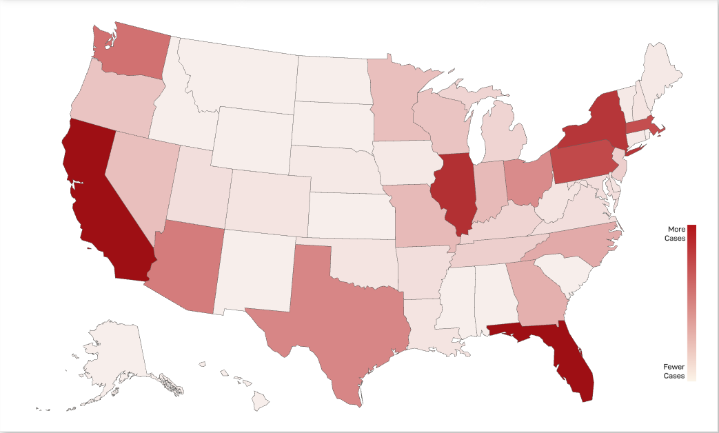 Fisher Phillips U.S. case heat map, with darker red shading for more tracked cases