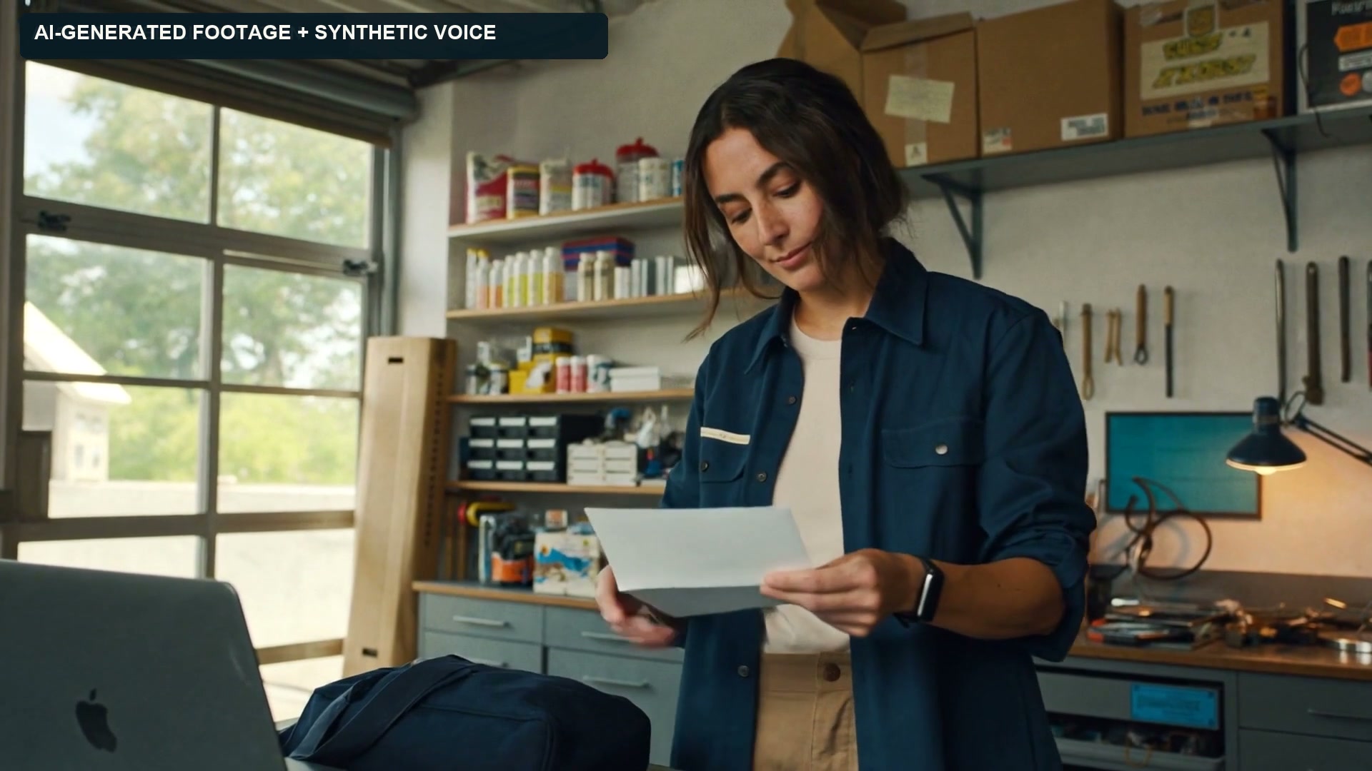 Maya, the fictional business owner, reading a letter in her workshop